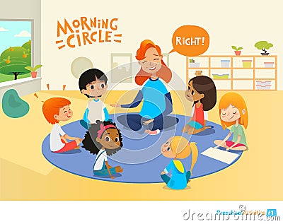 Teacher asks children questions and encourage them during morning lesson in preschool classroom. Circle-time. Pre Vector Illustration