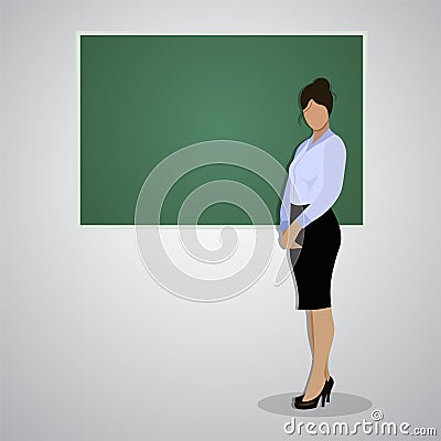 Teacher beautiful woman in the class with the green desk board vector illustration in the suit educational process Vector Illustration