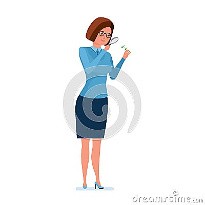 Teacher at biology class examines plant sample, telling audience curriculum. Vector Illustration