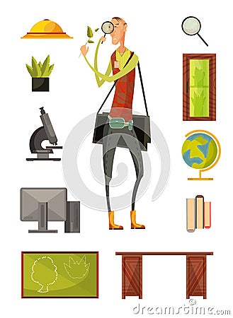 Teacher Of Biology Retro Style Set Vector Illustration