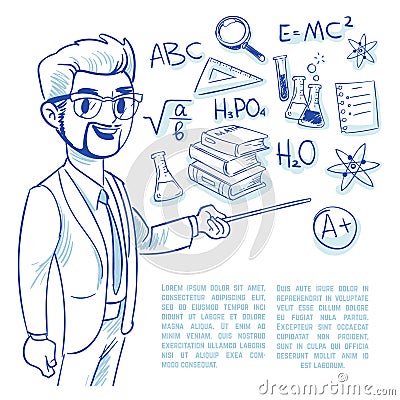 Teacher at the blackboard and education doodle icons. back to school hand drawn vector concept Vector Illustration