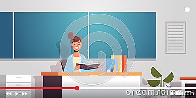 Teacher blogger recording online course video tutorial e-learning live streaming concept woman tutor giving educational Vector Illustration