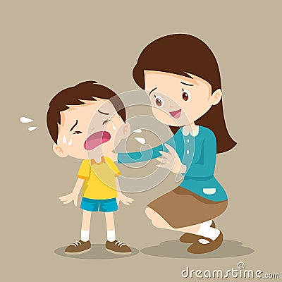 Teacher Comforting crying boy.sad children wants to embrace Vector Illustration