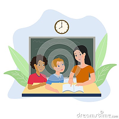 Teacher concept is teaching students, students ask questions to teachers. Vector Illustration