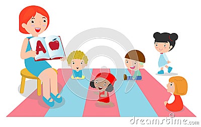 Teacher explaining alphabet to children around her, teacher reading books for kids in the kindergarten Vector Illustration