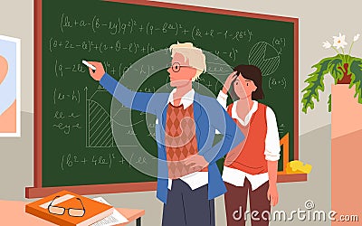 Teacher explaining math in class at school, man standing at blackboard and holding chalk Cartoon Illustration