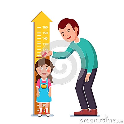 Teacher or father measuring girl kid height Vector Illustration