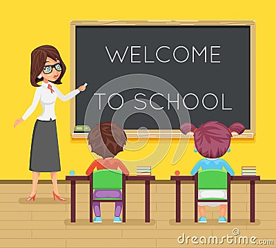 Teacher female study pupil student sit class table desk education lesson child character icon classroom school board Vector Illustration