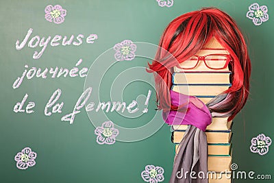 Teacher girl and Congratulations in French with the International Women`s Day Stock Photo