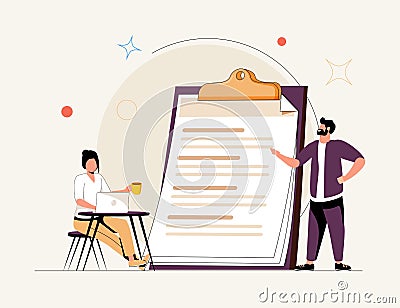 Teacher giving seminar to student in classroom. Mentor and intern, coach and trainee. Flat vector illustration. Vector Illustration