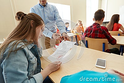 Teacher giving test results to group of students Stock Photo