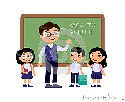 Teacher greeting pupils in classroom flat vector illustration Stock Photo