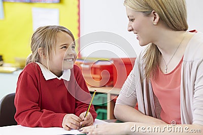 Teacher Helping Female Pupil With Practising Writing At Desk Stock Photo