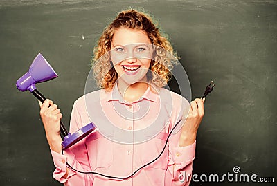 Teacher hold table lamp in hand chalkboard background. Knowledge day. Insight and idea. Educational idea. Woman work on Stock Photo