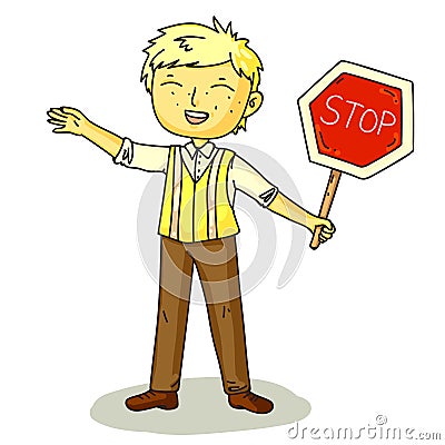 Teacher holding road sign stop on white backdrop Vector Illustration