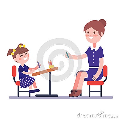 Teacher or home tutor studying with her girl pupil Vector Illustration