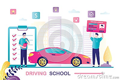 Teacher or instructor controls quality of training. Male student holds driver licence. Modern vehicle near. Driving school banner Vector Illustration