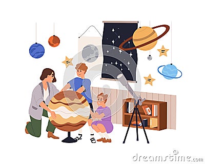 Teacher and kids in astronomy classroom, class. Children studying cosmos, space at school lesson. Teaching about planets Vector Illustration