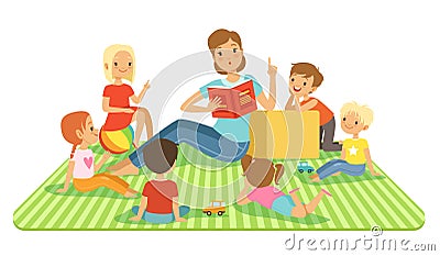 Teacher and kids in big classroom at lesson. Childrens sitting at their dasks. Vector illustrations in cartoon style Vector Illustration