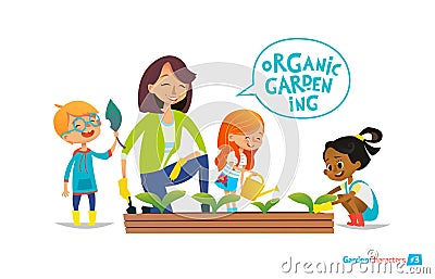 Teacher and kids engaged in gardening in the backyard. Vector Illustration