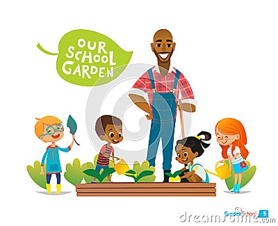 Teacher and kids engaged gardening in the backyard. Girl watering flowers in the garden. Eco concept. Montessori education Vector Illustration