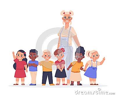 Teacher with kids. Happy children and young female educator standing in row. Cute smiling boys and girls with nanny Vector Illustration