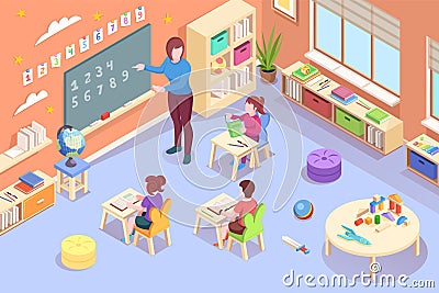 Teacher, kids learn numbers isometric kindergarten Vector Illustration