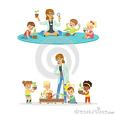 Teacher with kids learning about plants during biology lesson. Cartoon detailed colorful Illustrations isolated on white Vector Illustration