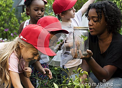 Teacher and kids school learning ecology gardening Stock Photo