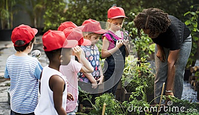 Teacher and kids school learning ecology gardening Stock Photo