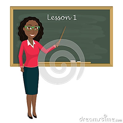 Teacher on lesson in classroom. Young teacher with pointer showi Vector Illustration