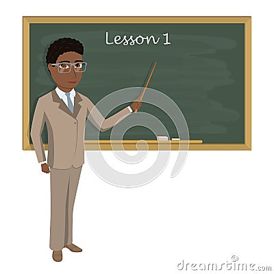 Teacher on lesson in classroom. Young teacher with pointer Vector Illustration