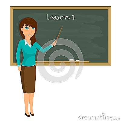 Teacher on lesson in classroom. Young teacher with pointer Vector Illustration