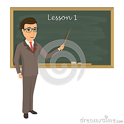 Teacher on lesson in classroom. Young teacher with pointer Vector Illustration