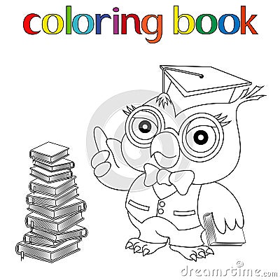 Teacher Owl in mortarboard for coloring book Vector Illustration