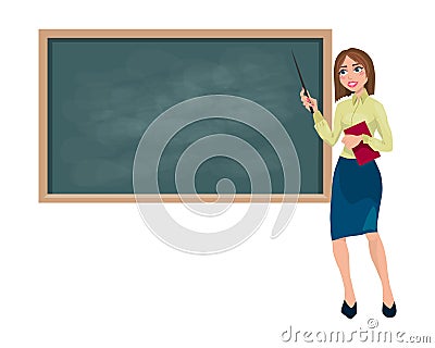 Teacher with a pointer near the school board Stock Photo