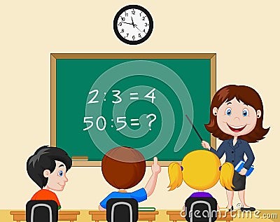 Teacher pointing at blackboard and looking at schoolkids in classroom Vector Illustration
