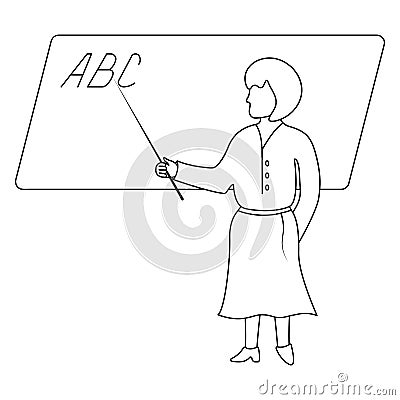 The teacher points to the blackboard with a pointer, the woman teaches schoolchildren the alphabet Vector Illustration