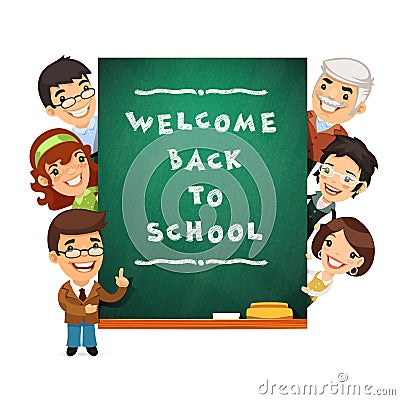 Teacher Points to the Blackboard with Welcome Back Vector Illustration