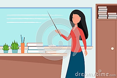 The teacher points to the text on the blackboard Vector Illustration