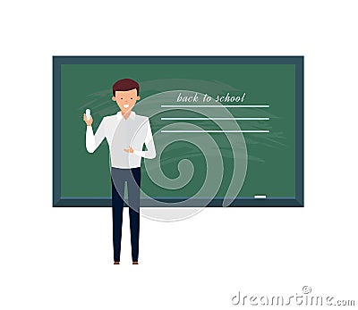 Teacher, professor standing in front of blank school blackboard. Vector Illustration