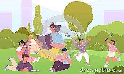 Teacher reading in park. Children listen book, kindergarten kids relax and study. Preschool group on nature, camping or Vector Illustration