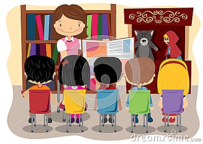 Teacher Reading and Puppet Show Vector Illustration