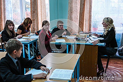 Teacher's day in a rural school in Kaluga region of Russia. Editorial Stock Photo