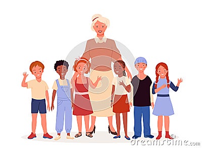 Teacher and school children, female educator standing with group of cute young students Cartoon Illustration