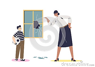 Teacher scolding kid for broken window. Angry principal or headmaster screaming at naughty pupil Vector Illustration