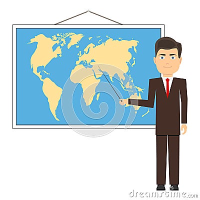 Teacher shows pointer on the map Cartoon Illustration