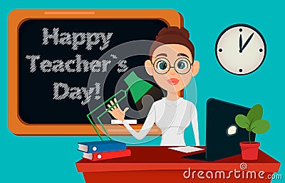 Teacher sitting at her desk while lesson in classroom. Cheerful female instructor in glasses. Vector Illustration