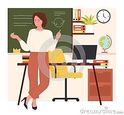 Teacher standing at blackboard in classroom, woman training students of school, teaching Vector Illustration