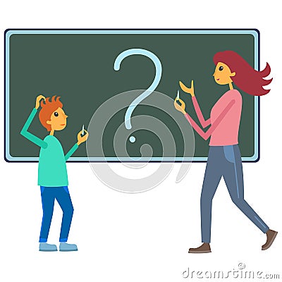 Teacher and student standing at the school chalkboard Vector Illustration